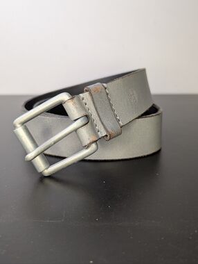 Timberland Grey Leather Belt with Matte Silver Tone Hardware, Size 38